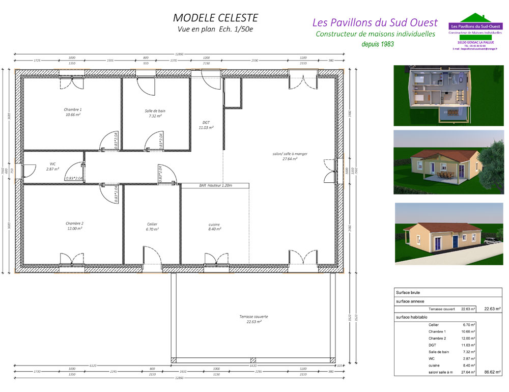 Modèle Céleste - 86 m² habitable - 22 m² de terrasse couverte - 2 chambres