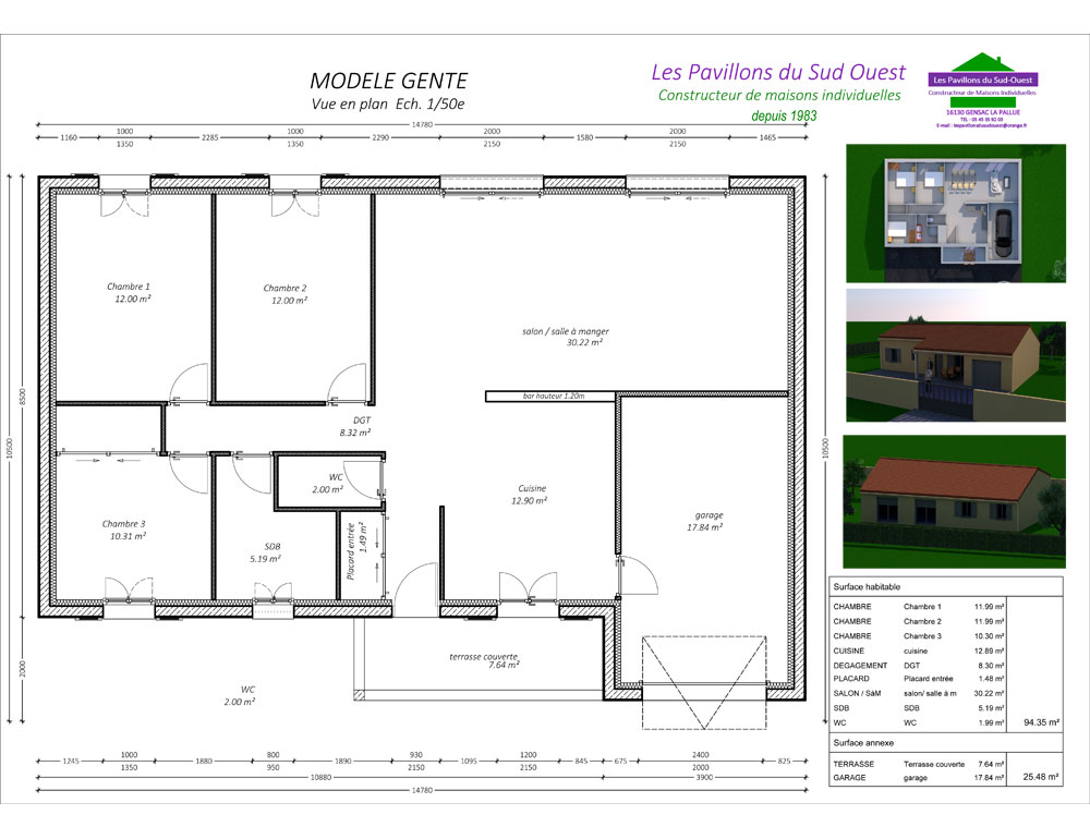 Modèle Genté - 94 m² - 25 m² garage et terrasse - 3 chambres