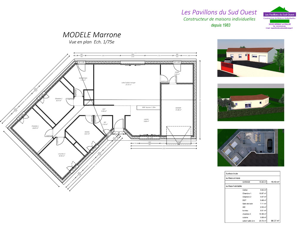 Modèle Maronne - 98 m² - 15 m² garage - 3 chambres